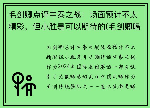 毛剑卿点评中泰之战：场面预计不太精彩，但小胜是可以期待的(毛剑卿喝酒)