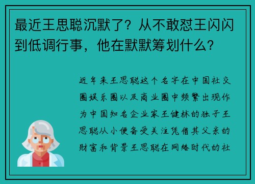 最近王思聪沉默了？从不敢怼王闪闪到低调行事，他在默默筹划什么？