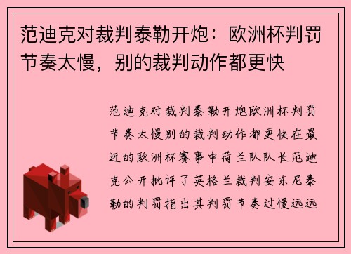 范迪克对裁判泰勒开炮：欧洲杯判罚节奏太慢，别的裁判动作都更快