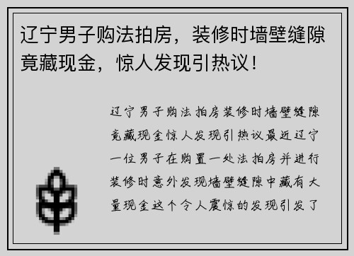 辽宁男子购法拍房，装修时墙壁缝隙竟藏现金，惊人发现引热议！